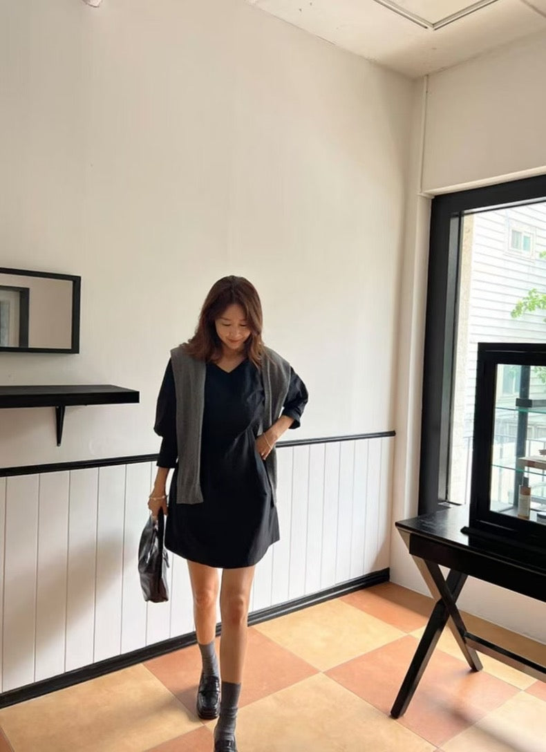 V領修腰七分袖連身裙
