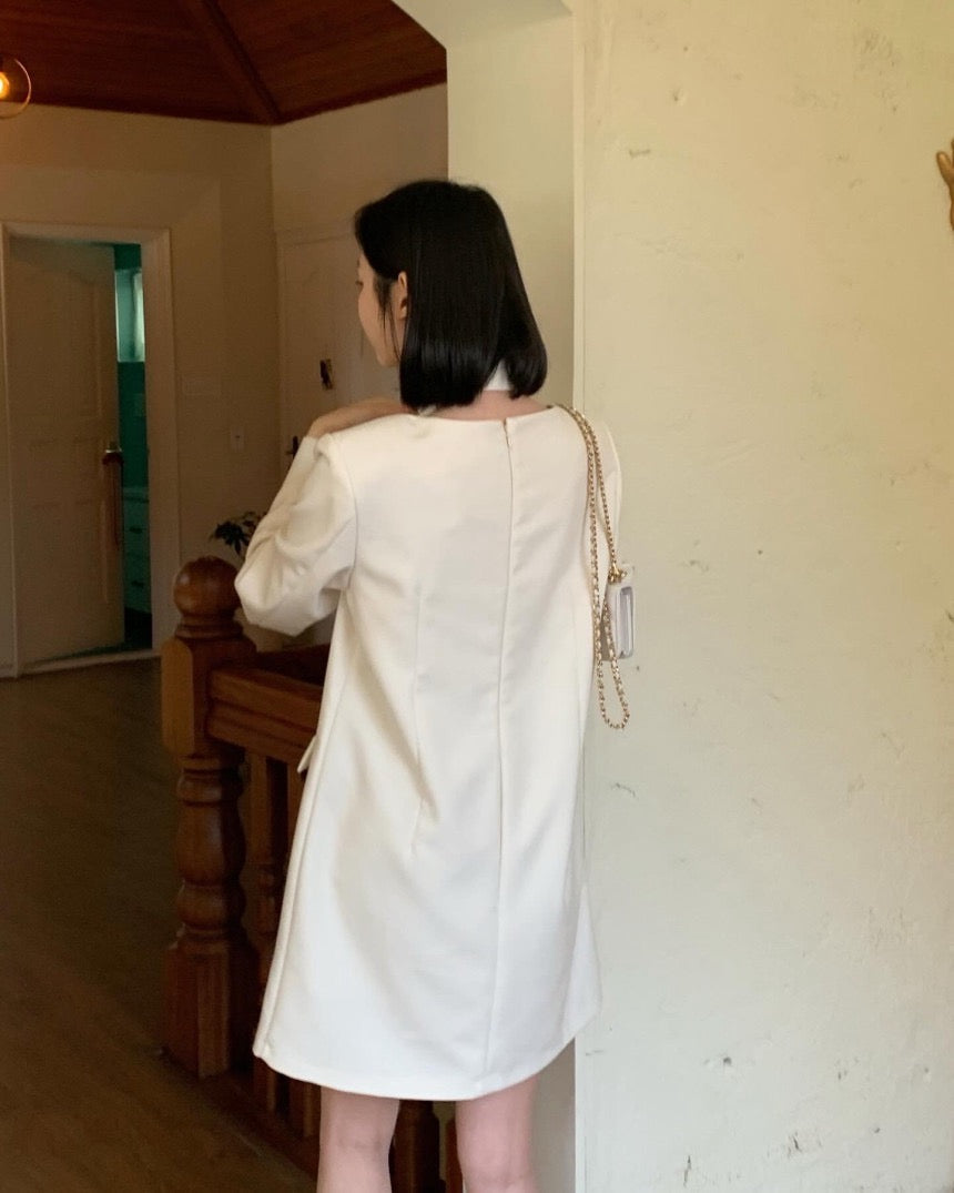 法式方領系帶連身裙