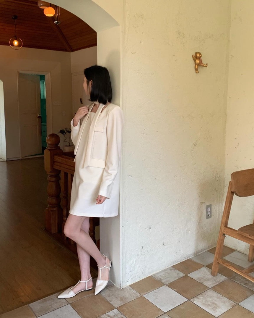 法式方領系帶連身裙