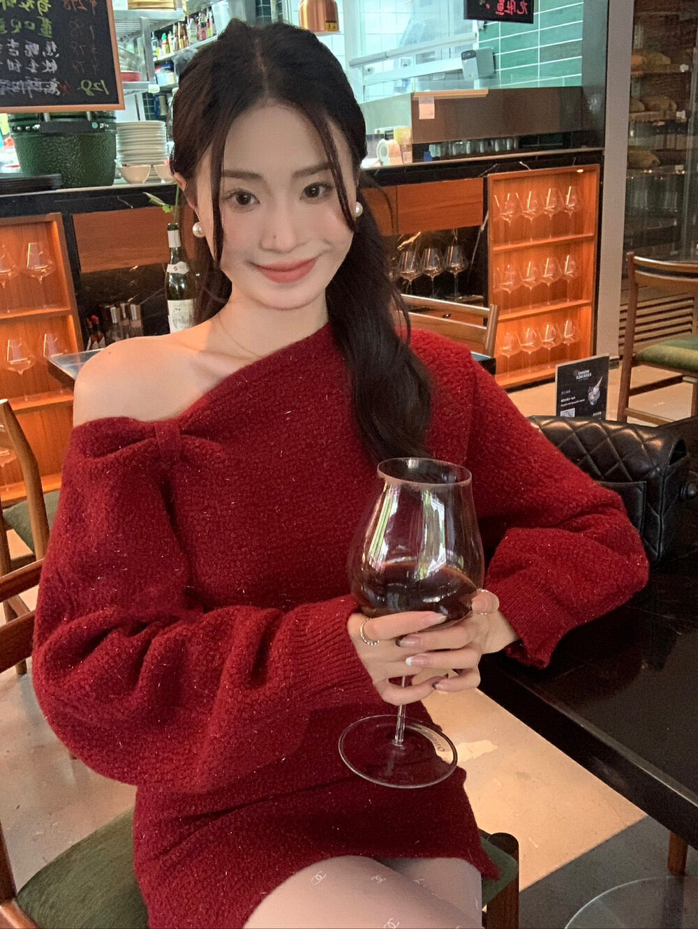 法式斜領包臀連身裙