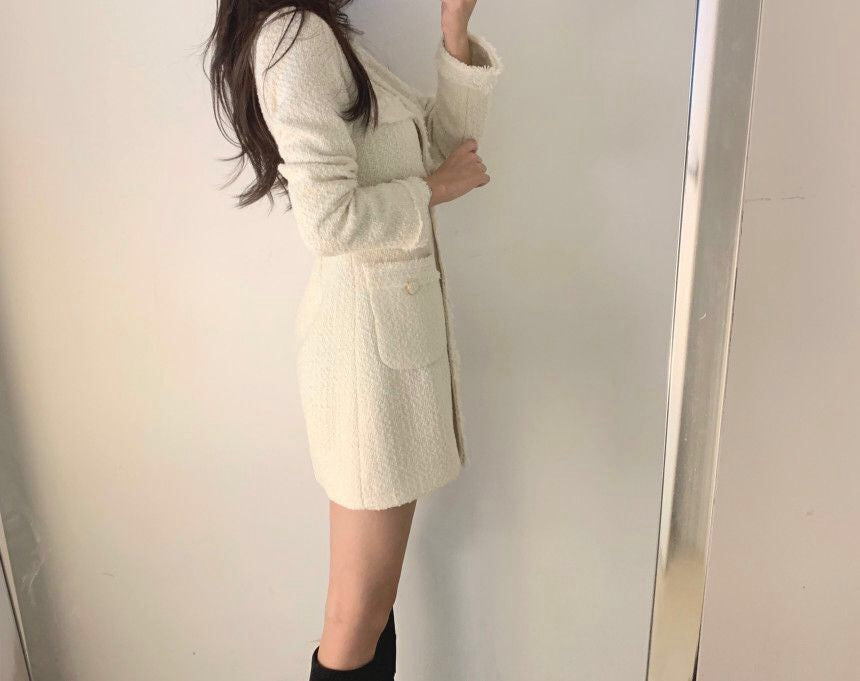 法式流蘇邊粗花呢連身裙