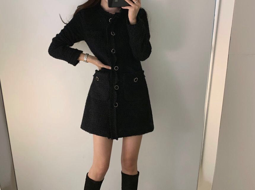法式流蘇邊粗花呢連身裙